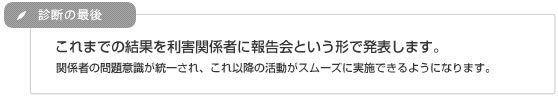 診断の最後 これまでの結果を利害関係者に報告会という形で発表します。関係者の問題意識が統一され、これ以降の活動がスムーズに実施できるようになります。