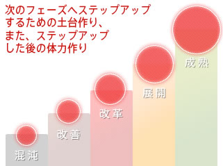 お客様が自分自身で改善・改革を継続できる組織となることを目標とした『人材育成』サービス｜次のフェーズへステップアップするための土台作り、またステップアップした後の体力作り