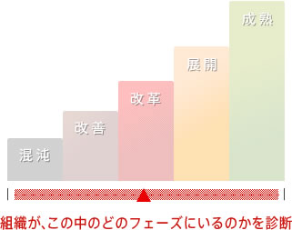 人・組織/技術/プロセスといった異なる視点からのマルチアプローチにより、お客様が抱える問題と要因を明らかにし、解決に導く支援コンサルティングサービス｜混沌 改善 改革 展開 成熟 組織が、この中のどのフェーズにいるのかを診断