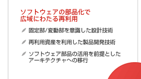 自社の知見を組み込んだ開発プロセスを社内標準化する方法：ソフトウェアの部品化で広域にわたる再利用　固定部/変動部を意識した設計技術　再利用資産を利用した製品開発技術　ソフトウェア部品の活用を前提としたアーキテクチャへの移行