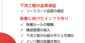 『混沌』とした開発現場を『改善』へ導く方法｜下流工程の品質保証 ソースコード品質の測定 改善に向けたインフラ作り 各種ルールの整備 構成管理の導入 下流工程の仕組み作りと可視化 メンバ間の知識共有化