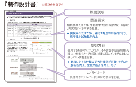 ｢派生開発｣など組込みシステムの開発における『使えるドキュメント』の一例として、｢システム概要｣と｢制御設計書｣のサンプルを紹介【制御設計書】概要説明、関連要求：機能要求だけでなく性能要求や設計制約など、制御により実現すべき事柄を記載⇒実現手段だけでなく、目的や背景等が明確になり、保守性や試験性が向上、制御方針：使用する制御アルゴリズムや、その実現手段を採用した理由、制御イメージを掴む補足の図など、モデル上には残しにくい情報を記載⇒要求に対する仕様の妥当性確認が可能、モデルの解析性向上、定数の適合性向上など、モデル/コード：具体的なモデル/コードとの対応関係を記載